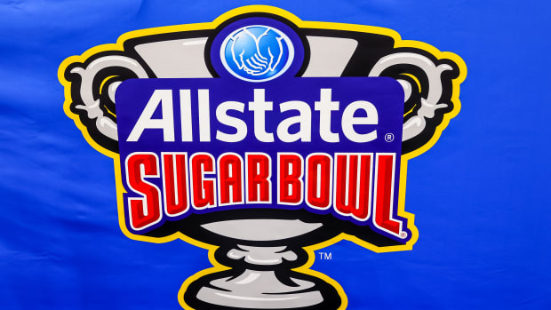Jan 1, 2022; New Orleans, LA, USA; A detailed view of the Allstate Sugar Bowl logo on a banner before the 2022 Sugar Bowl between the Baylor Bears and the Mississippi Rebels at Caesars Superdome. Credit: Stephen Lew-USA TODAY Sports